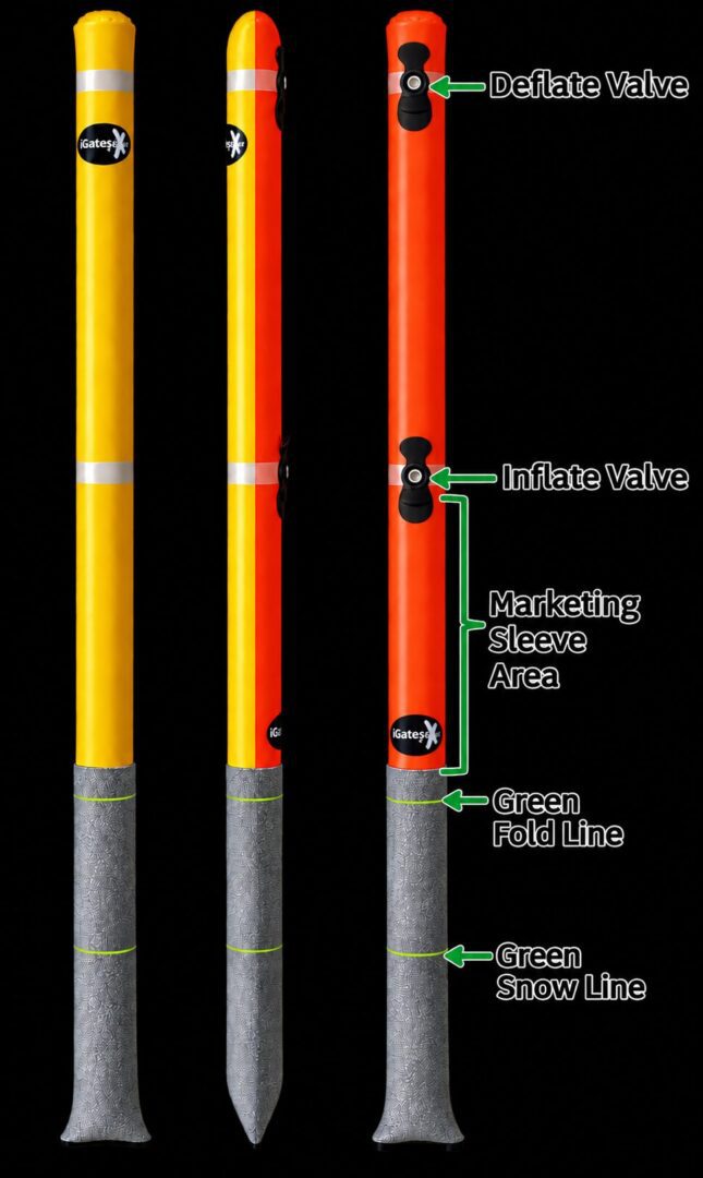Yellow and orange inflatable snow marker poles