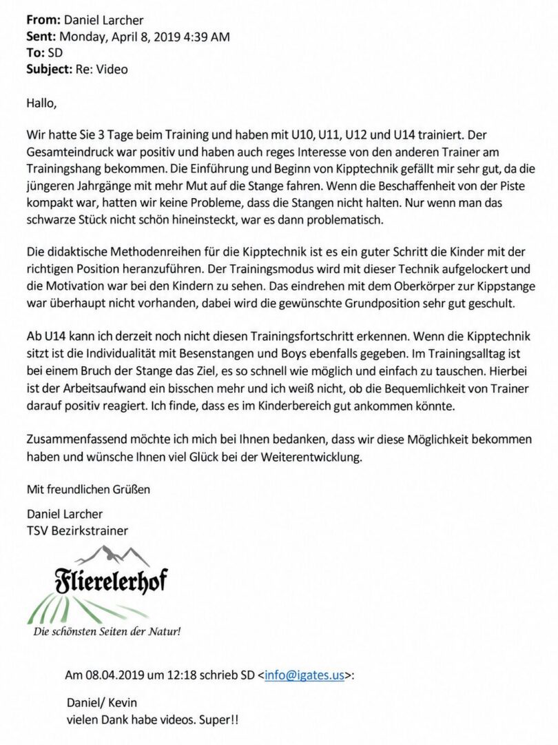 Screenshot of German training feedback email