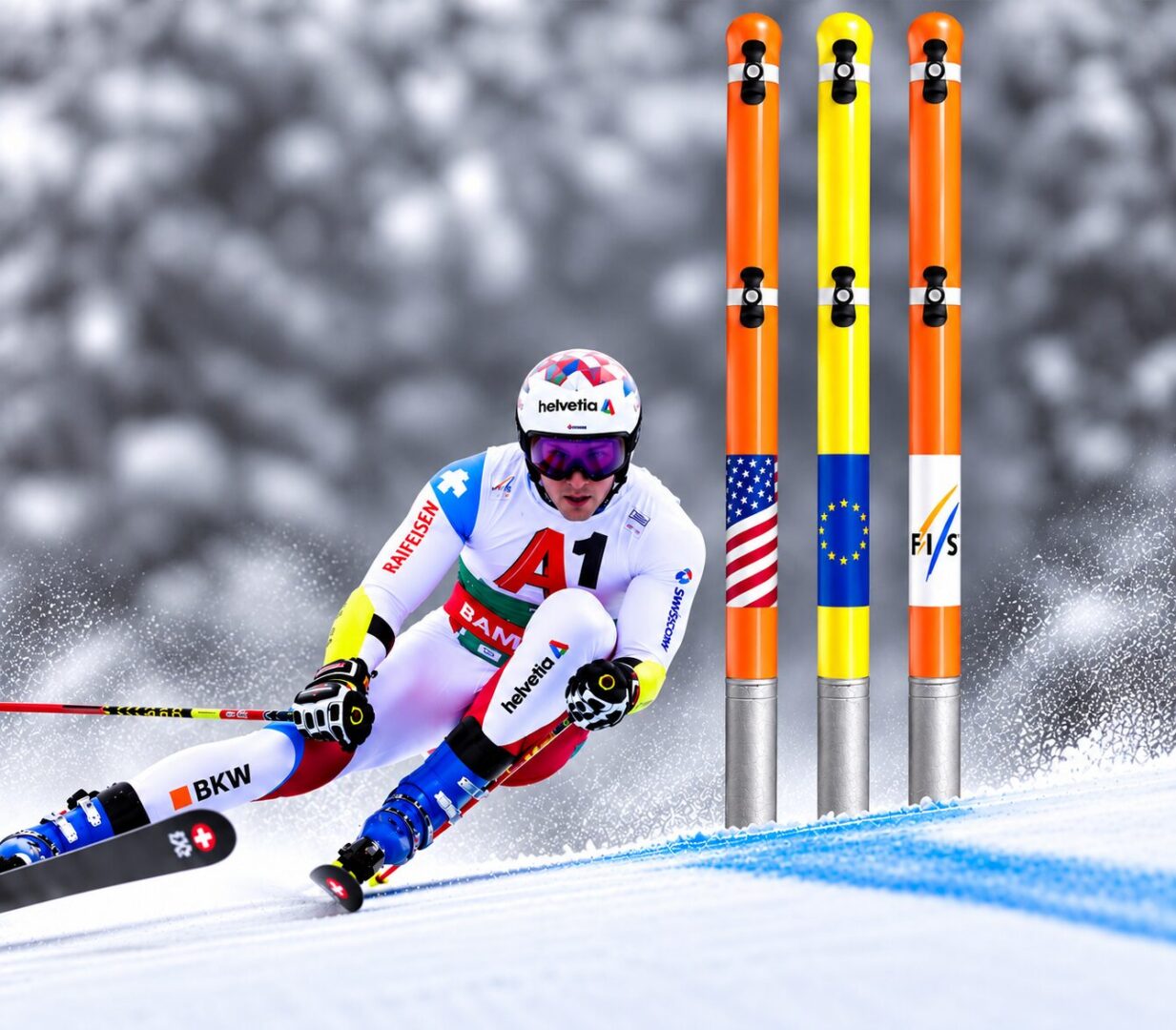 Alpine skier racing past flags on snowy slope