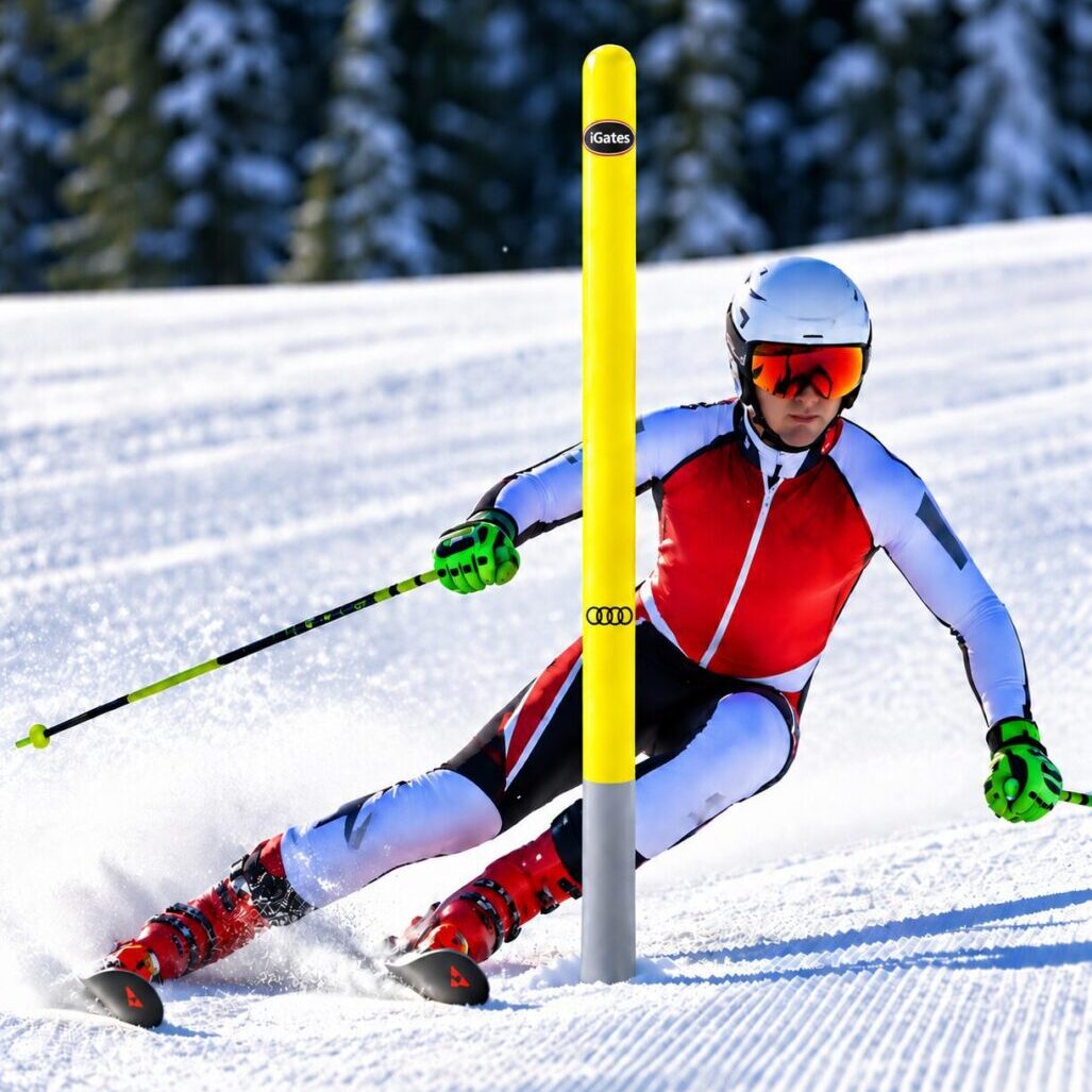 Skier carving turn around yellow slalom gate