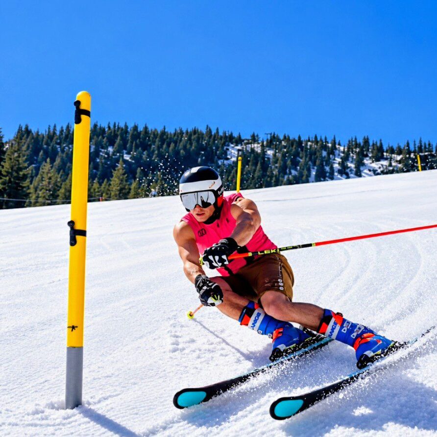 Skier carving around slalom gate on sunny slope